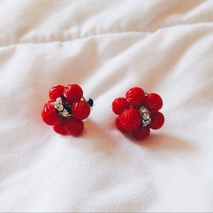 Red Floral Bauble Clip On Earrings Vintage Beaded Rhinestone Statement Retro